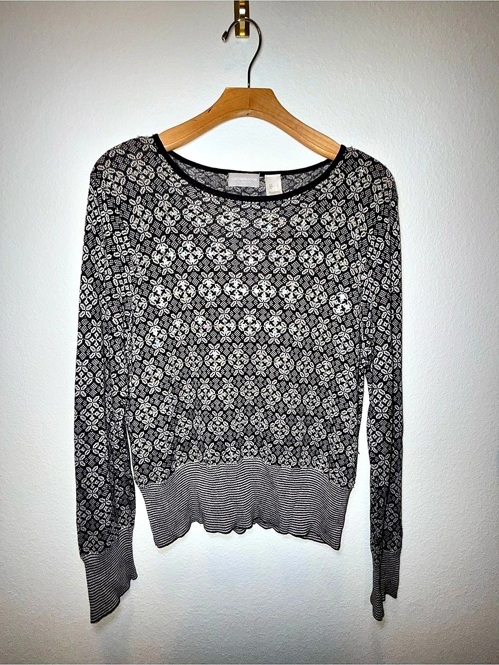 Liz Claiborne Silk Cashmere Blend Black Gray Floral Knit Sweater L
